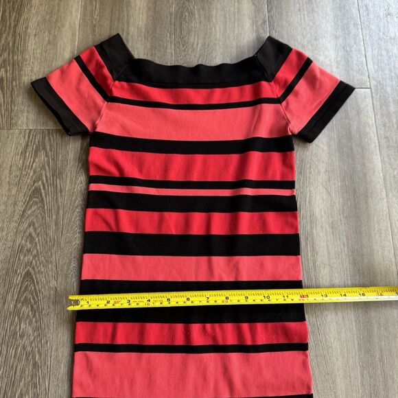 BEBE Dress Size P/S Coral Red Black Stripe Off Shoulder Bodycon Y2K Body Shaping - Picture 5 of 11